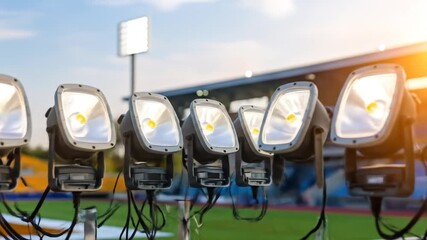 Row of Silver Metal Stage Floodlights Illuminate Sports Stadium During Daytime with Bright Sunlight Reflecting off the Lens - Powered by Adobe