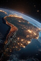 Fototapeta premium Earth's South American continent at night, seen from space. A view of city lights illuminating the landscape