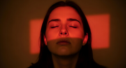 Serene woman with closed eyes bathed in warm geometric orange light
