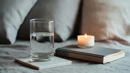 Tranquil Evening Setting with Water, Book, and Candle