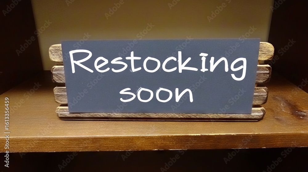 Poster restocking soon sign displayed on a wooden shelf, indicating upcoming inventory replenishment, with 