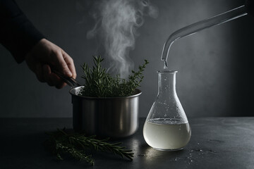 Steaming Herbs and Erlenmeyer Flask in Dark Kitchen