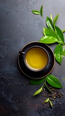 Dark teacup with fresh leaves