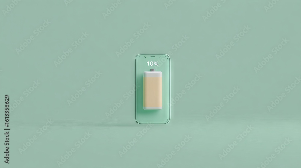 Poster smartphone mock up displaying low battery level at 10 percent on a minimalist green background, emph