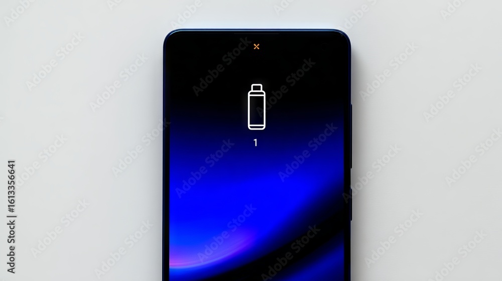 Poster smartphone mock up with low battery indicator displayed on a vibrant blue gradient background, showc