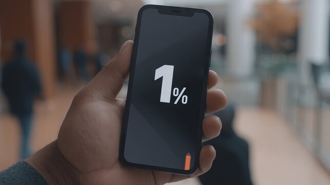 Smartphone mock up displaying low battery indicator at one percent, held in hand, with blurred background of people and modern interior space, illustrating urgency and technology