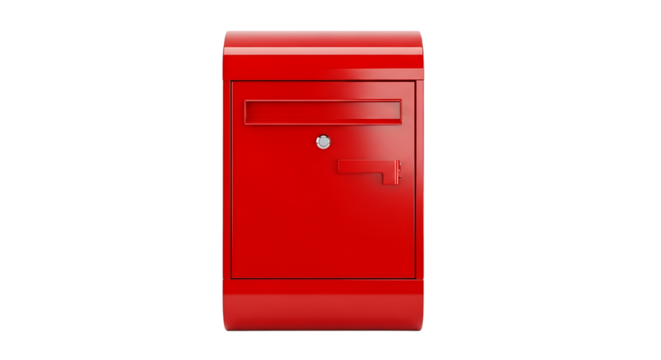 Front view of a red mailbox isolated on a white background, post service