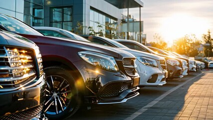 Luxury cars are arranged in a dealership parking lot during sunset with shining exteriors reflecting the warm light