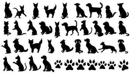 Silhouette collection of various cats and dogs in different poses with paw prints at the bottom