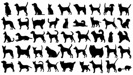 Silhouette collection of various dog breeds and a cat in different poses and stances on a white background