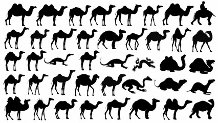 Silhouette collection of various camel poses and shapes in black on a white background design art