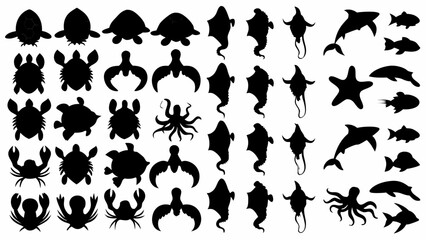 Silhouette collection featuring various sea creatures including turtles dolphins and crabs in black