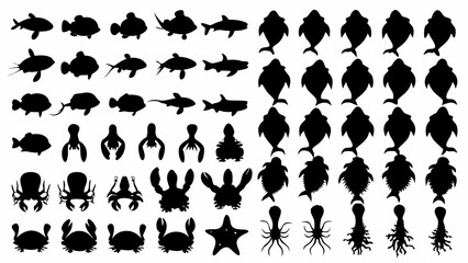 Silhouette collection featuring various marine animals including fish crabs and octopuses in black and white