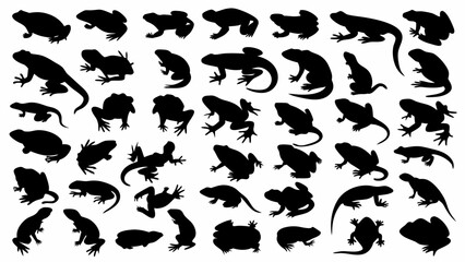 Silhouette collection of various frogs and lizards in different poses and orientations on white background