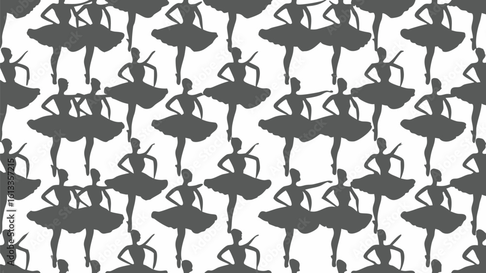 Poster silhouette pattern of ballerinas in various poses on a white background creating a dance themed desi