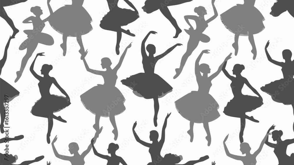 Poster silhouettes of ballerinas in various poses create a dynamic and rhythmic dance pattern on a white ba