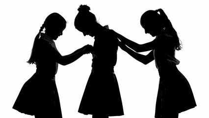 Three girls in silhouette holding hands and touching each other in a show of friendship and support