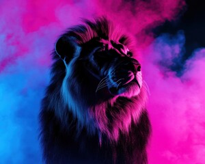 A majestic lion bathed in vibrant pink and blue light, standing proud against a smoky background.