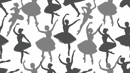 Silhouettes of ballerinas in various poses create a dynamic and rhythmic dance pattern on a white backdrop