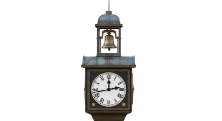 Vintage Clock Tower with Bell on White Background, Decorative Timepiece
