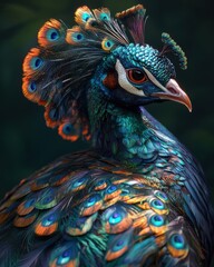 Obraz premium A stunning peacock displaying vibrant feathers with intricate details and iridescent colors, showcasing its beauty.