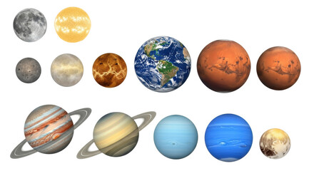 Eleven distinct celestial bodies including fiery Sun, blue Earth, ringed Saturn, and cratered Moon, each with detailed textures and precise colors, arranged in two rows on a white background,