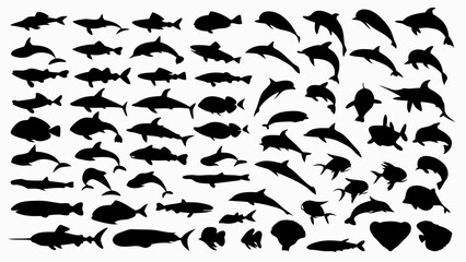 Silhouette collection of various fish species and dolphins in a vector illustration format