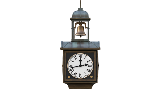 Vintage Clock Tower with Bell on White Background, Decorative Timepiece