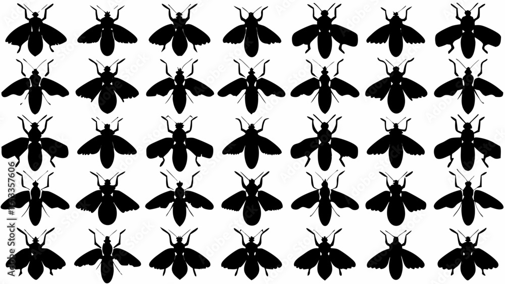 Poster black insect silhouettes arranged in a repeating pattern against a white background image design