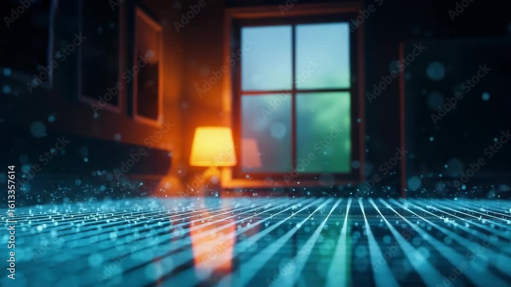 Poster a serene indoor scene featuring a glowing lamp beside a window with a soft focus on rain droplets cr