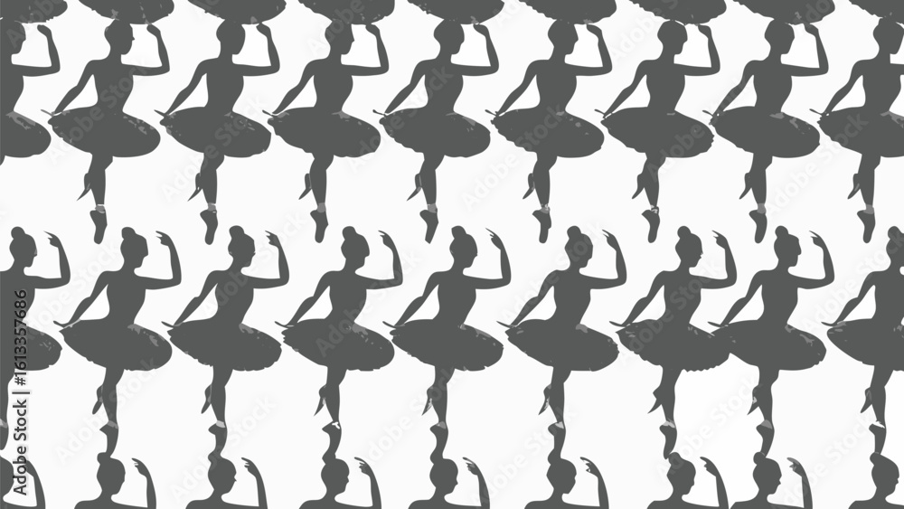 Poster silhouette pattern of ballerinas in various poses against a white background in a repeating arrangem