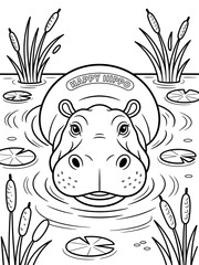 A black and white line art illustration of a friendly hippopotamus, perfect for children to color 