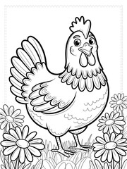 A black and white line art illustration of a whimsical chicken in a field of flowers, perfect for children to color 