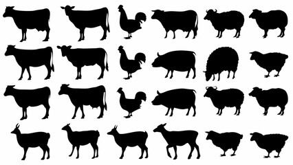 Silhouette farm animals including cows roosters pigs sheep and goats in a repeating pattern design