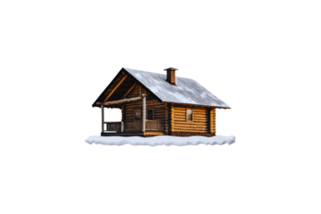 Wooden log cabin with snow covered roof and porch isolated on wooden cabin