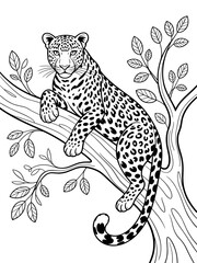 A black and white line art illustration of a majestic leopard on a tree branch, perfect for children to color