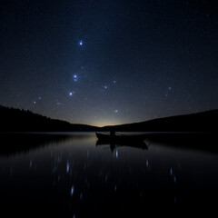 Silhouette of a rowboat with oars on a calm lake under a starry night sky