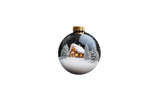 Illuminated Winter House Scene Inside Christmas Ornament Snow Trees isolate