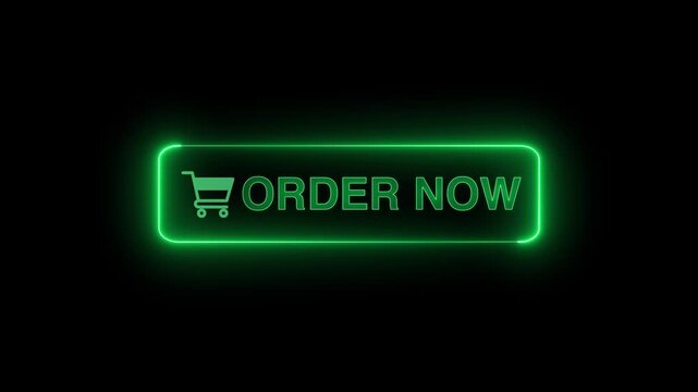  Neon glowing Order now button animation on transparent background. Order now button click  animation. button with icon animation concept. Order now Glowing neon text animation
