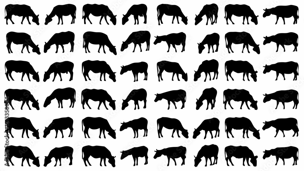 Poster silhouette illustration showing many cows grazing in a pasture on a white background in a large grou