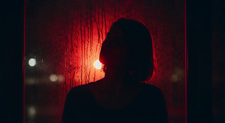 Silhouette of a woman against a rainstreaked window illuminated by red light