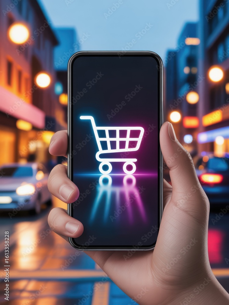 Poster mobile payment integration concept. a hand holds a smartphone displaying a shopping cart icon at dus