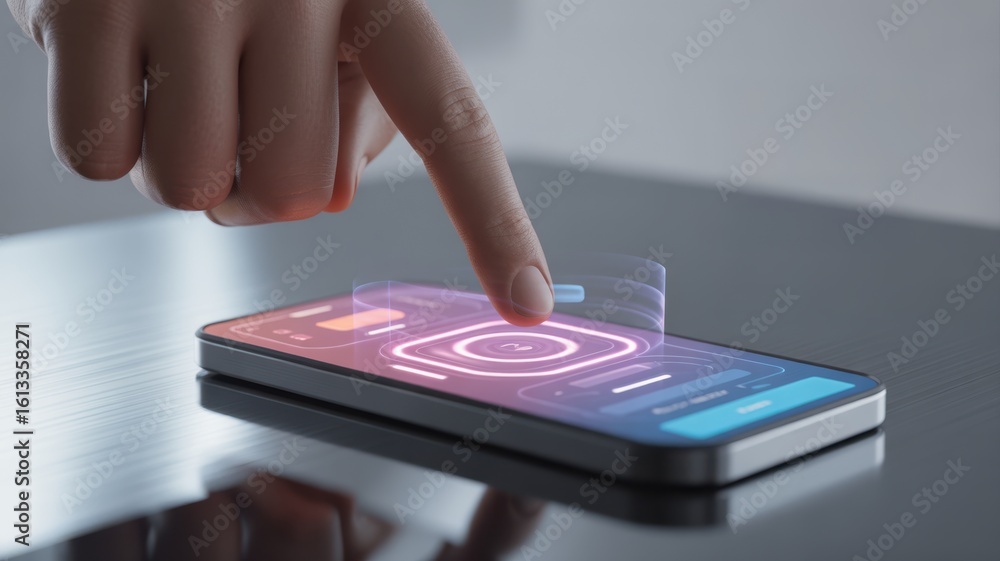Poster mobile payment integration concept. close-up of a finger interacting with a smartphone touchscreen.