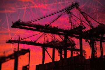 Industrial Port Cranes Silhouetted Against Vibrant Red Sky During Sunset.