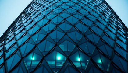 Diamond Grid of the City An Abstract View of a Skyscraper's Facade Featuring a Repeating Tessellation of Luminous Blue Panels