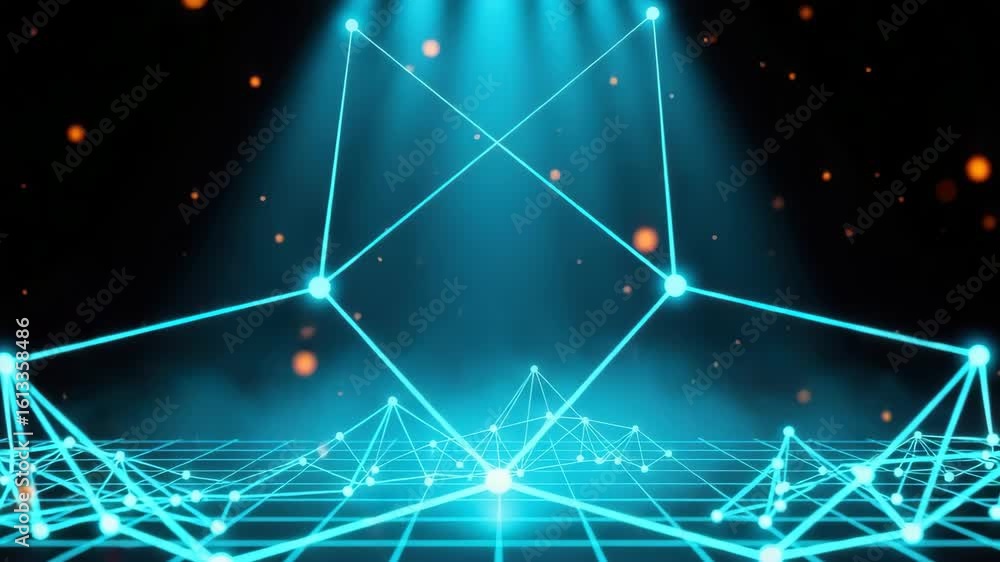 Poster a mesmerizing digital landscape featuring interconnected glowing nodes and lines on a grid illuminat