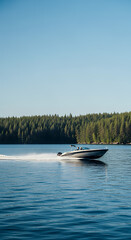 Sleek motorboat cruising on calm blue water leaving a white wake behind