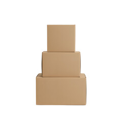 Stack of Three Brown Cardboard Boxes for Delivery, Cargo, and Courier Services on White Background