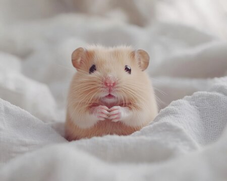 Cute light brown hamster with tiny paws, sitting on a white fabric background, radiating charm and curiosity.