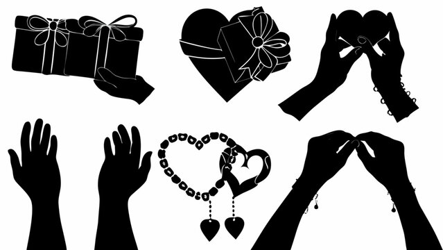 Silhouettes of hands holding gifts and hearts in various romantic gestures and arrangements